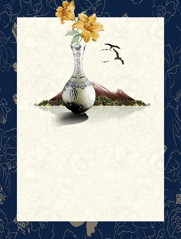 中国风瓷器花瓶里的花卉背景素材