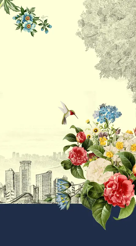 中国风花卉下的线描城市背景素材