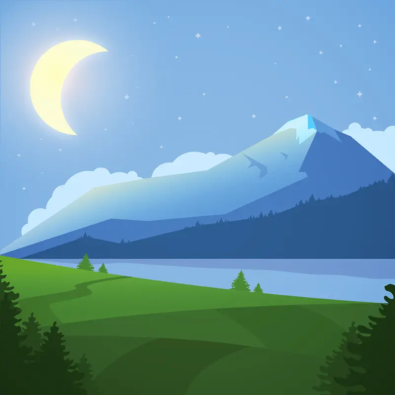 卡通山峰夜晚月亮背景素材
