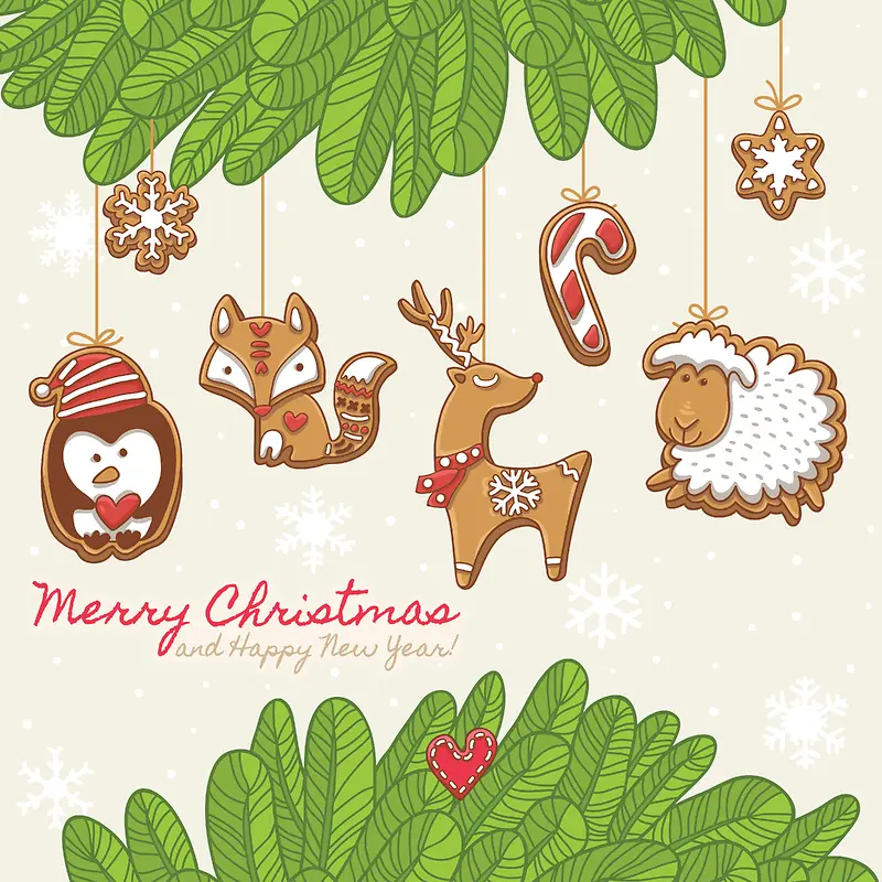 圣诞节小羊小鹿企鹅狐狸小羊姜饼卡通背景图