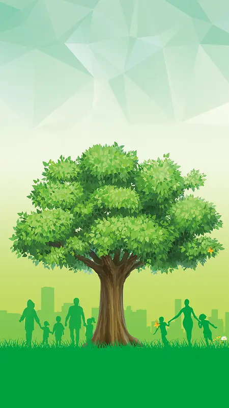 绿色树木植树节公益人物剪影H5背景素材