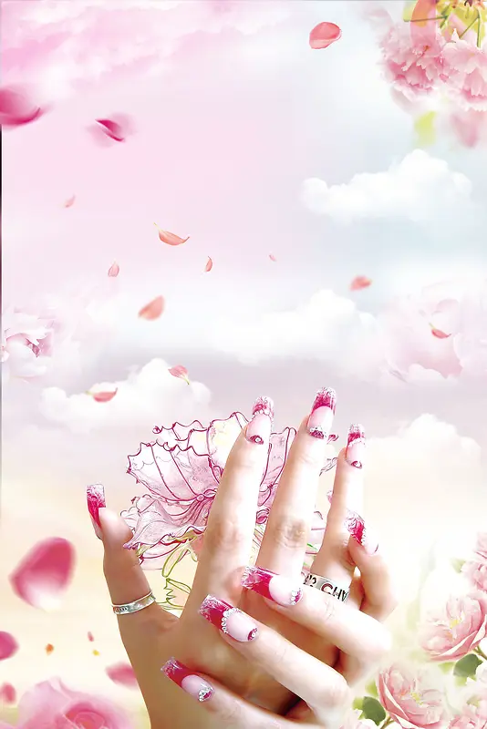 粉色唯美花瓣美甲海报背景