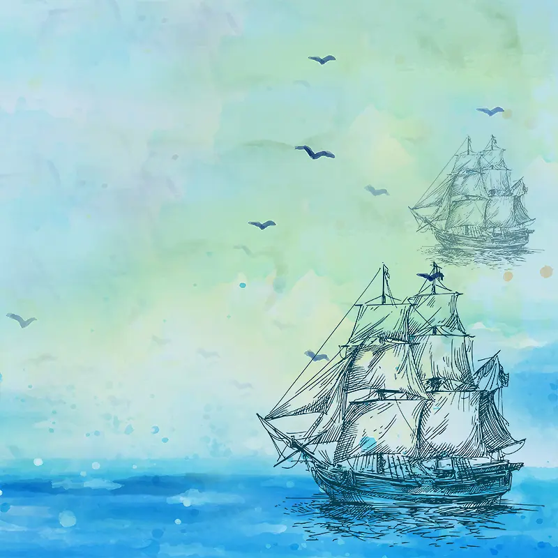 蓝色渐变手绘水彩大海帆船海鸥