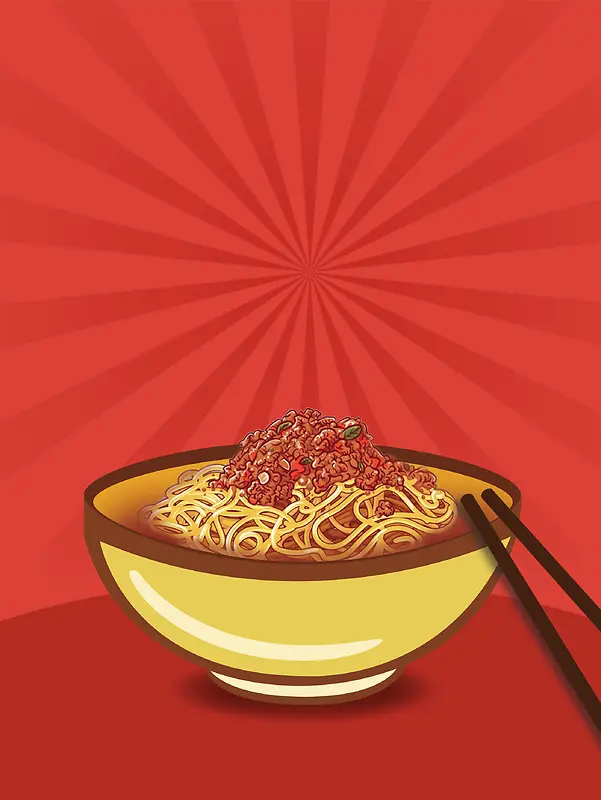 红色喜庆扁平美食食物面条筷子背景素材