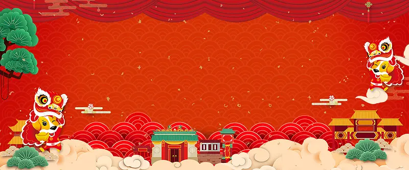 文艺新年舞狮简约红色背景