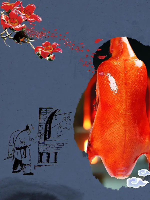 中国风线描人物美味烤鸭背景素材