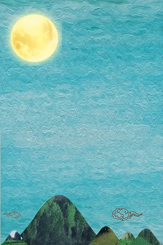 蓝色山川圆月背景
