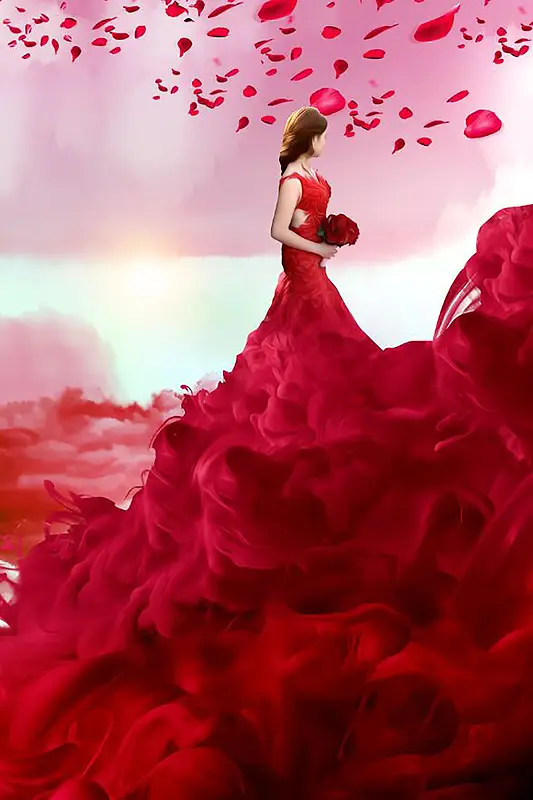 婚纱摄影红色浪漫大气新婚花瓣海报