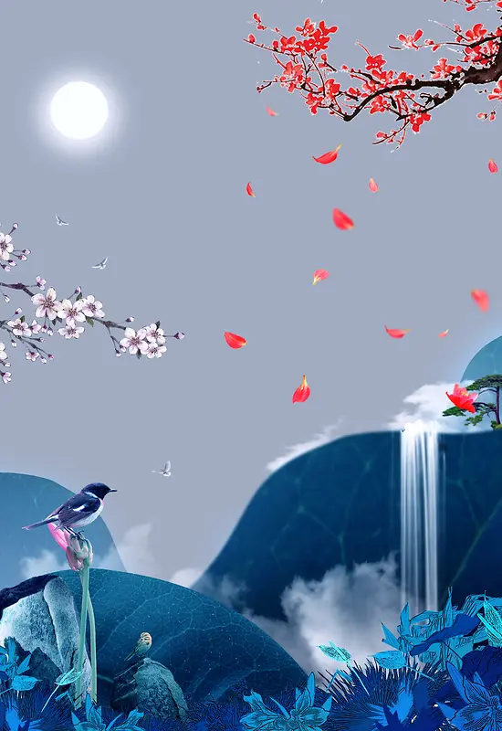 中国风梅花花瓣下的瀑布背景素材