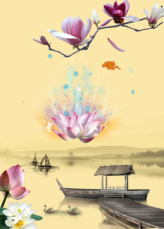 中国风水墨光效莲花背景素材
