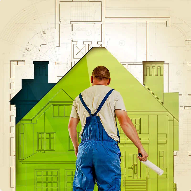 家装节绿色海报推广图工人建筑图纸背景素材