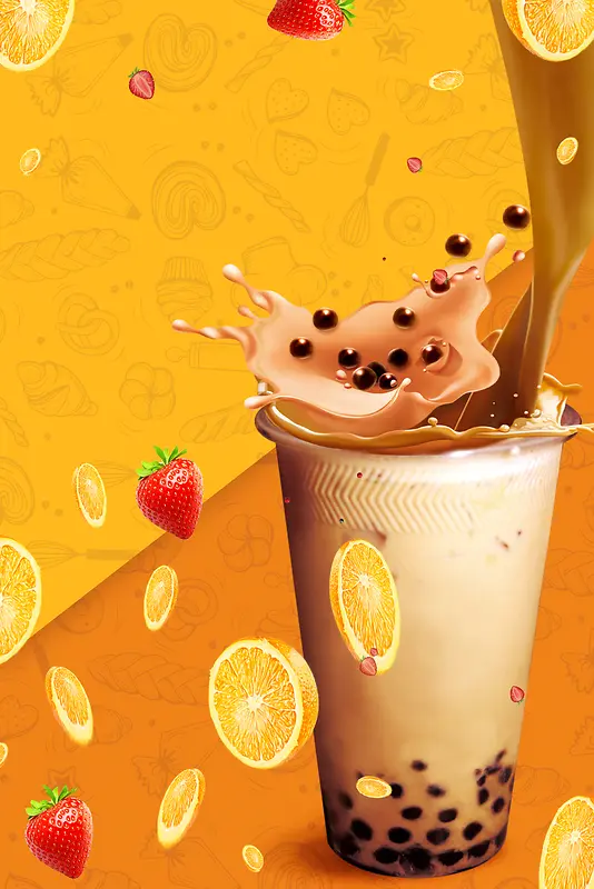橙色创意奶茶饮料宣传单模板背景素材