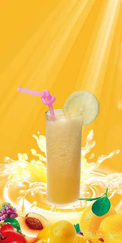 柠檬 黄色 杯子 果汁海报背景素材