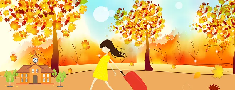 秋天文艺手绘女孩出游黄色banner