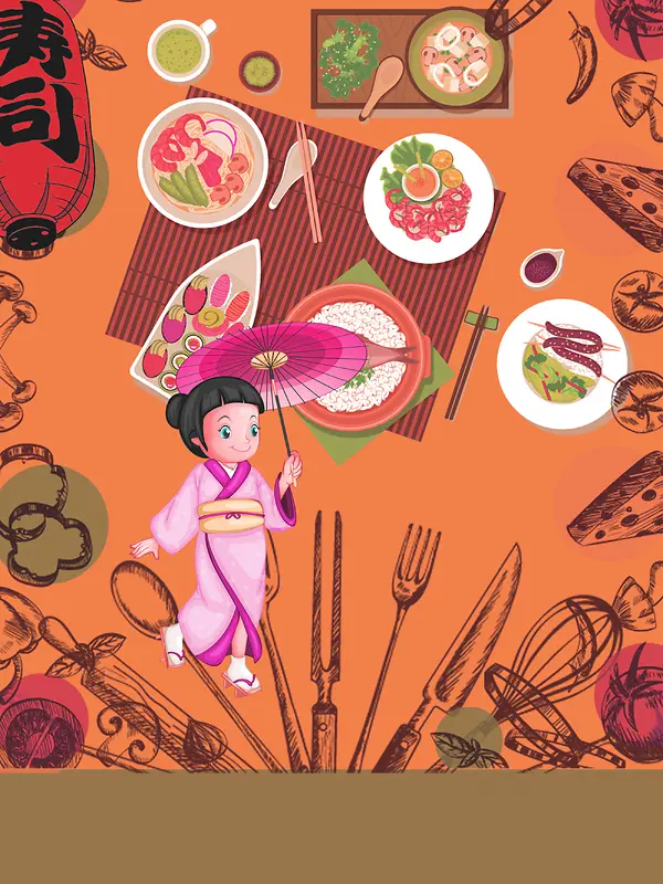 手绘卡通日式餐厅广告