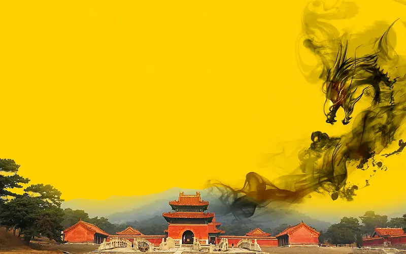 中国风黄色建筑水墨旅游海报背景素材