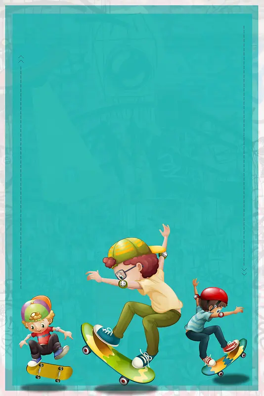 绿色卡通插画儿童滑板培训招生背景