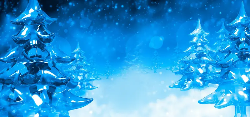 圣诞节圣诞树蓝色调 冰树 冰块 光晕 雪花背景