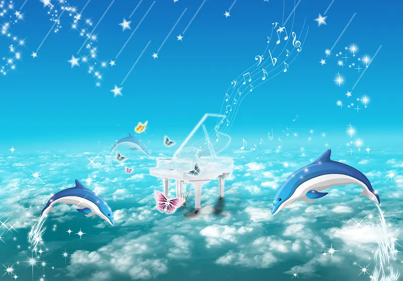 梦幻海面钢琴海豚手绘背景