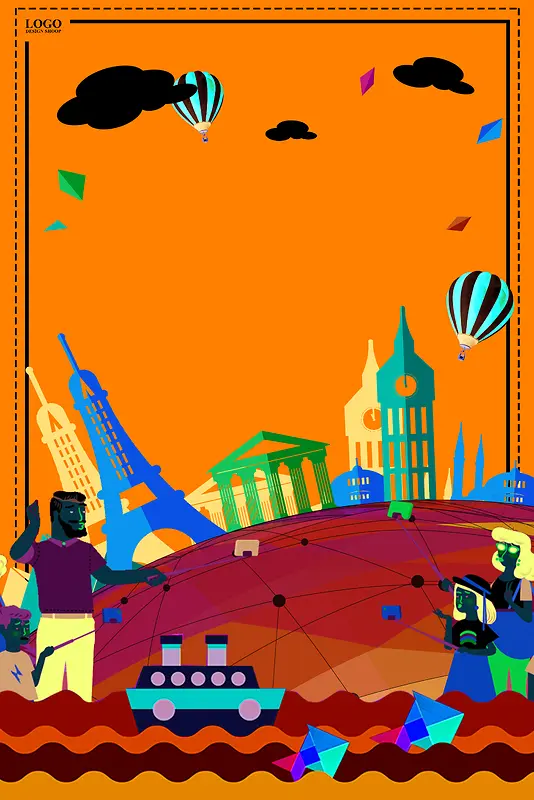 扁平化插画风格世界旅游海报
