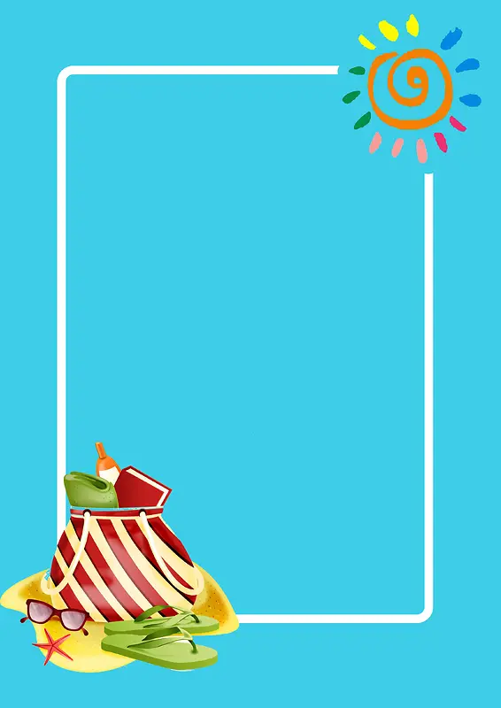 夏日阳光沙滩用具鲜艳色彩明亮海报背景素材