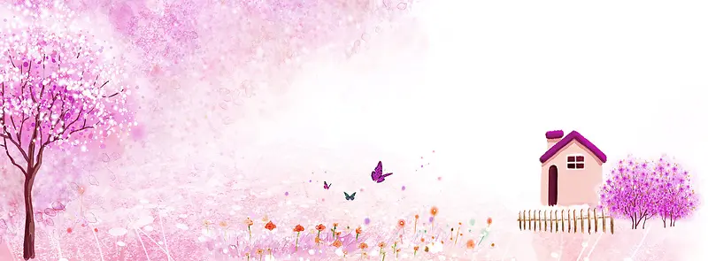 紫色卡通温馨秋天风景房子banner