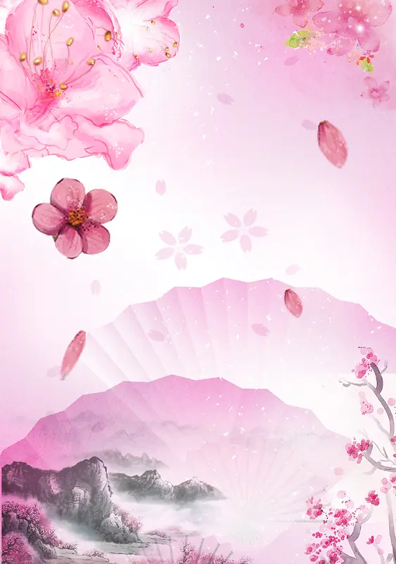 粉色浪漫古风山水水墨漂浮花瓣风景背景素材