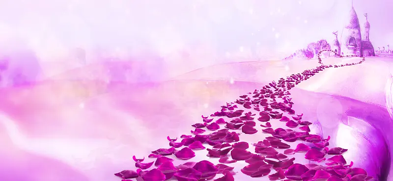 紫色花瓣城堡梦幻浪漫婚礼海报背景素材