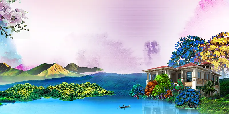 创意广告地产山川湖泊风景背景素材