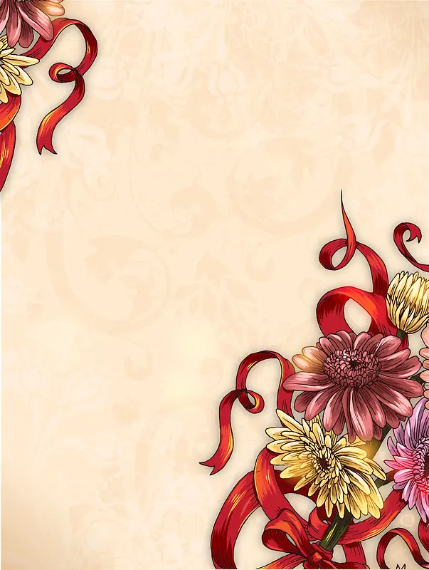 红色花朵与绸带组合背景素材