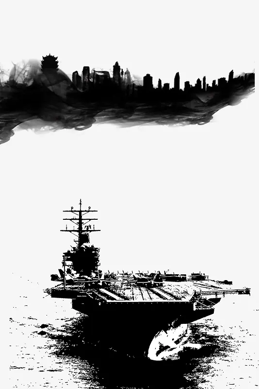 黑白城市水墨风轮船插画背景