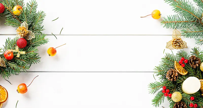 白色浪漫节日水果松枝垂直桌面木板素材背景
