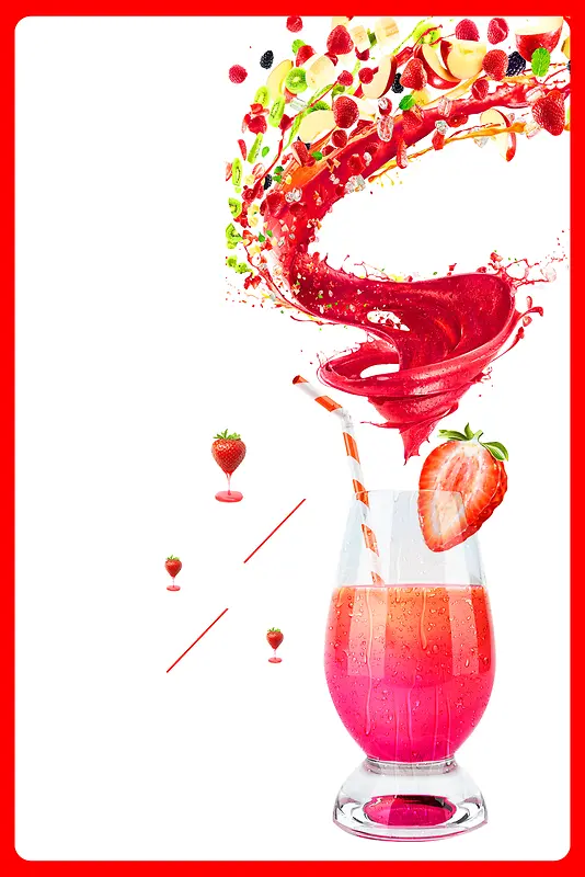 创意边框红色果汁饮料夏日饮品海报背景素材
