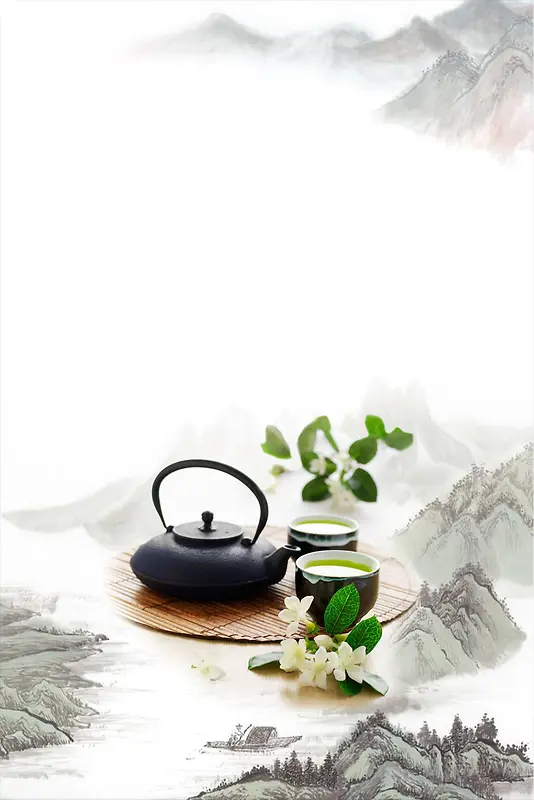 中式淡雅水墨茶壶茶文化背景素材