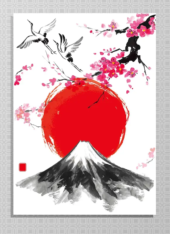 和风梅花富士山太阳仙鹤水墨海报背景