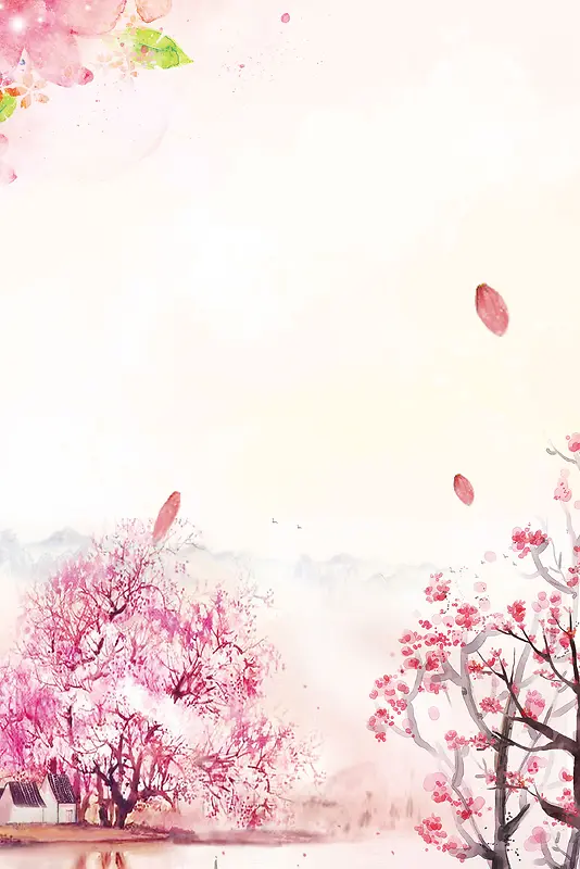 粉色唯美古风春季上新桃花踏青背景
