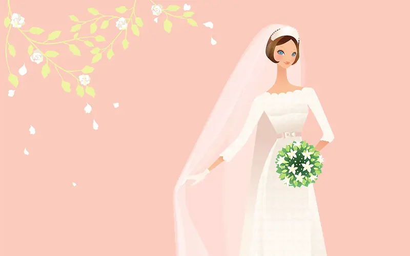 卡通穿着婚纱的新娘粉色背景素材