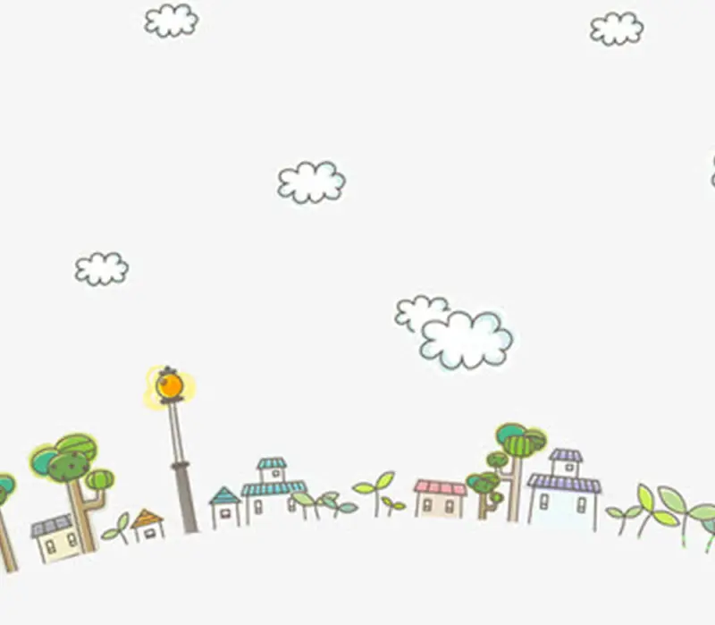 白云云朵小树房子卡通背景素材