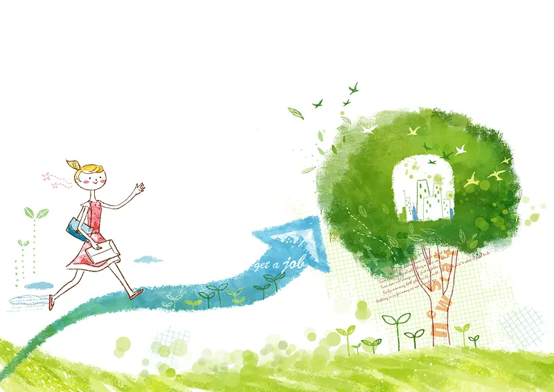 美女走进草原上绿树中的大门卡通图片