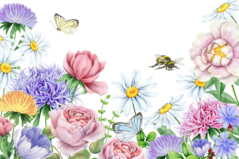 花朵蜜蜂彩绘背景素材
