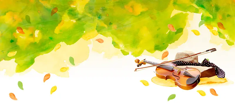 卡通手绘树叶小提琴背景banner