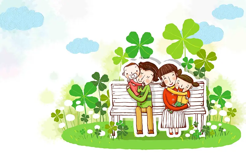 韩式清新幸福家庭一家人公园长椅海报背景