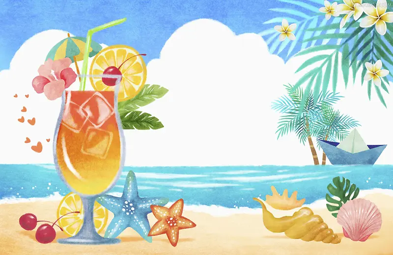 手绘夏日海滩鲜榨果汁平面广告