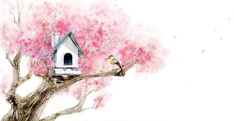 手绘喷绘水彩树枝小房子小鸟印刷背景