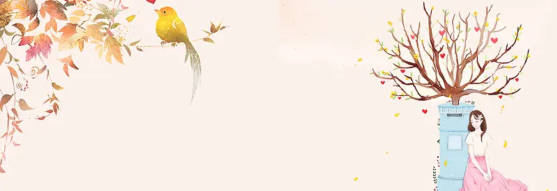 七夕文艺情人节女孩手绘小清新橙色背景