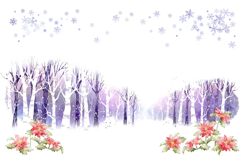 手绘紫色小红花树木雪地水彩印刷背景