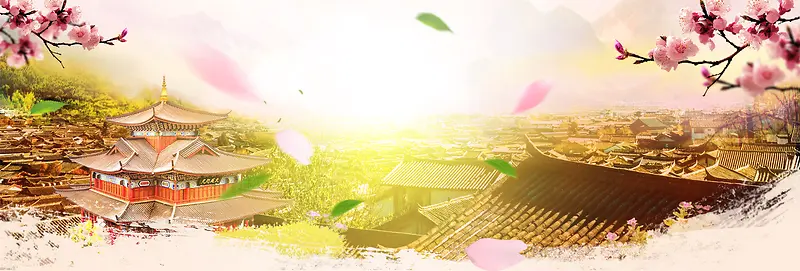 黄色桃花绿叶美景国庆出游banner