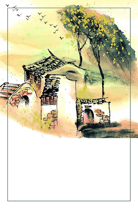 中国水墨画建筑海报背景