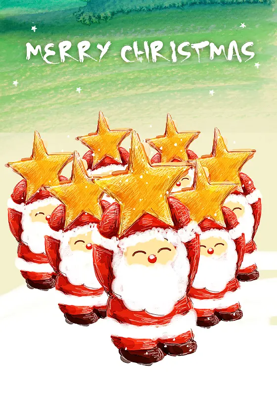 彩铅绘制一群举着星星的圣诞老人背景