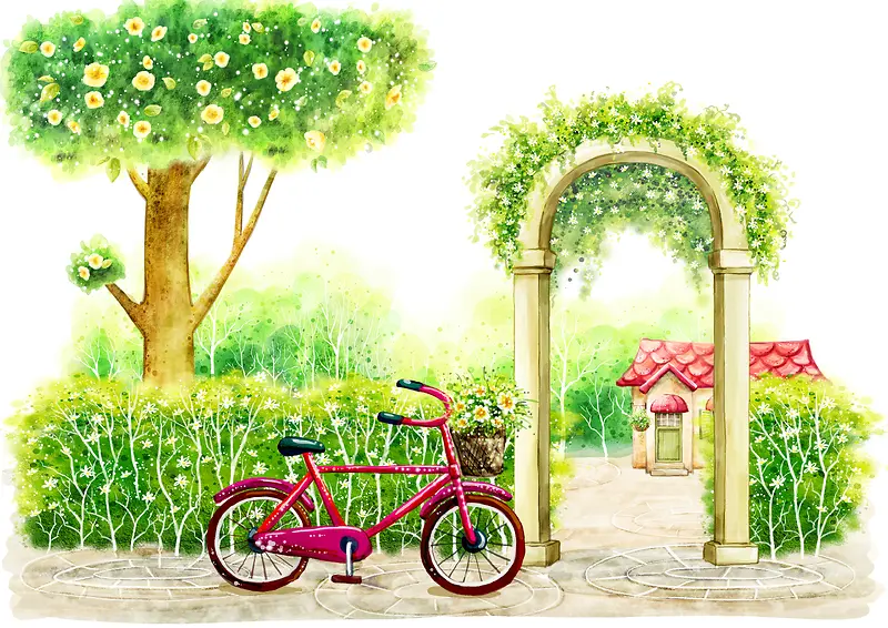 红色自行车依靠在开满鲜花的欧式庭院外
